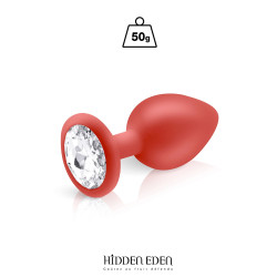 Plug bijou silicone rouge M - Hidden Eden Gros plan sur le strass transparent.