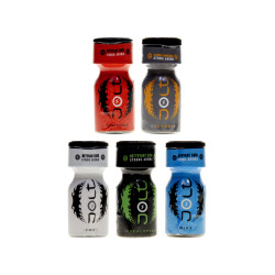 Pack 5 poppers parfumés Jolt 10ml Présentation des différents parfums (coco, amande, framboise, menthe, eucalyptus).