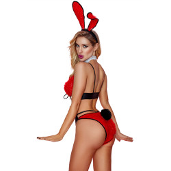 Costume bunny Paris Hollywood, oreilles flexibles, cravate velcro et queue amovible pour un look espiègle.