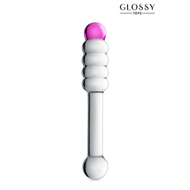 Dildo verre Glossy Toys No 11, double extrémité lisse et annelée, pour plaisir anal et vaginal.