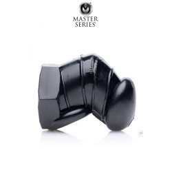 Cage chasteté noire Master Series, caoutchouc souple TPR, sensation restrictive et confort maximal.