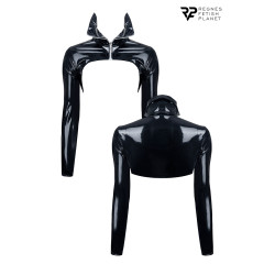 Détail veste Regnes, col haut brillant, zip argenté, idéale avec bodystocking ou masque BDSM.