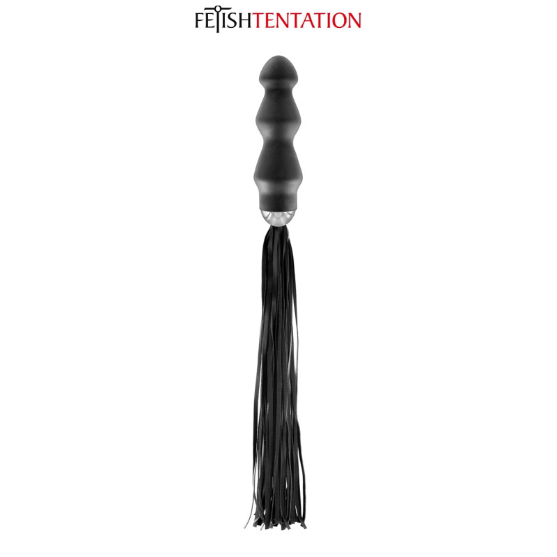 Martinet avec 25 lanières en cuir souple et manche godemiché en forme de fusée en silicone.