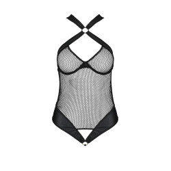 Body sexy Amanda Passion en résille ajourée, bandes de faux cuir et bonnets à balconnets.