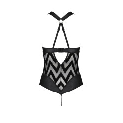 Body sexy Hima Passion, tulle transparent à chevrons velours et bandes de faux cuir mat.