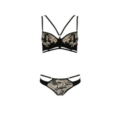 Bikini Victoria Casmir, soutien-gorge à armatures, résille noire et or, lanières et anneaux dorés.