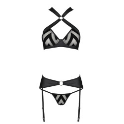 Ensemble sexy Hima Passion, soutien-gorge balconnets, faux cuir mat, tulle chevrons velours.