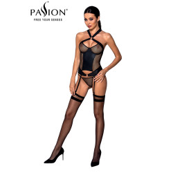 Guêpière Amanda Passion, résille ajourée, bandes faux cuir, anneaux chromés et bretelles réglables.