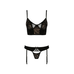 Ensemble Lara Casmir, culotte taille basse échancrée, laçage pubis et quatre jarretelles amovibles.