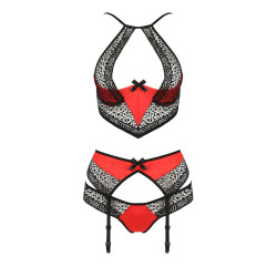 Ensemble Scarlet Passion, porte-jarretelles satin rouge avec détails dentelle noire et nœuds raffinés.