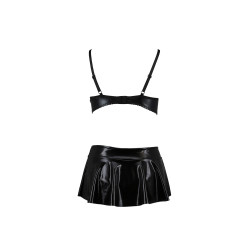 Ensemble Deby Passion, look vinyle brillant, détail poitrine ouverte, jupe taille haute, style affirmé.