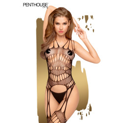 Corps porte jarretelles Fatal look Penthouse, résille noire à motifs géométriques