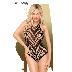 Body Go Hotter Penthouse,résille noire à motifs géométriques, dos nu, souligne chaque courbe du corps.