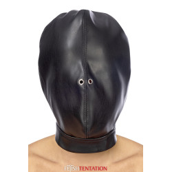 Cagoule BDSM fermée en simili cuir, masque intégral yeux et bouche