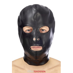 Cagoule BDSM simili cuir Fetish Tentation, ouvertures bouche et yeux