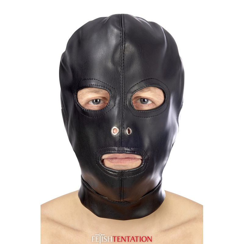 Cagoule BDSM simili cuir Fetish Tentation, ouvertures bouche et yeux