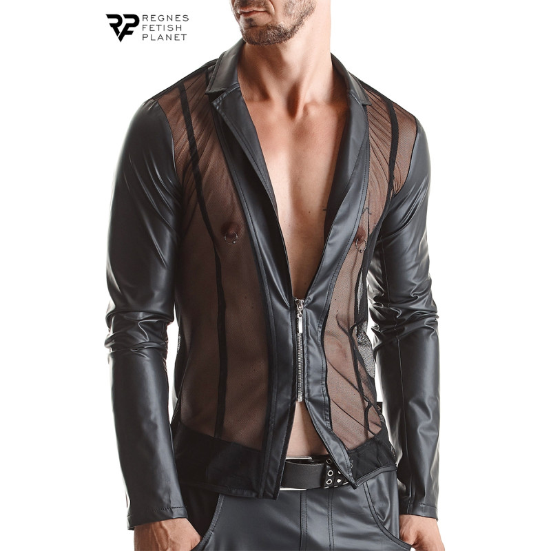 Veste Daniele Regnes wetlook noir et maille transparente