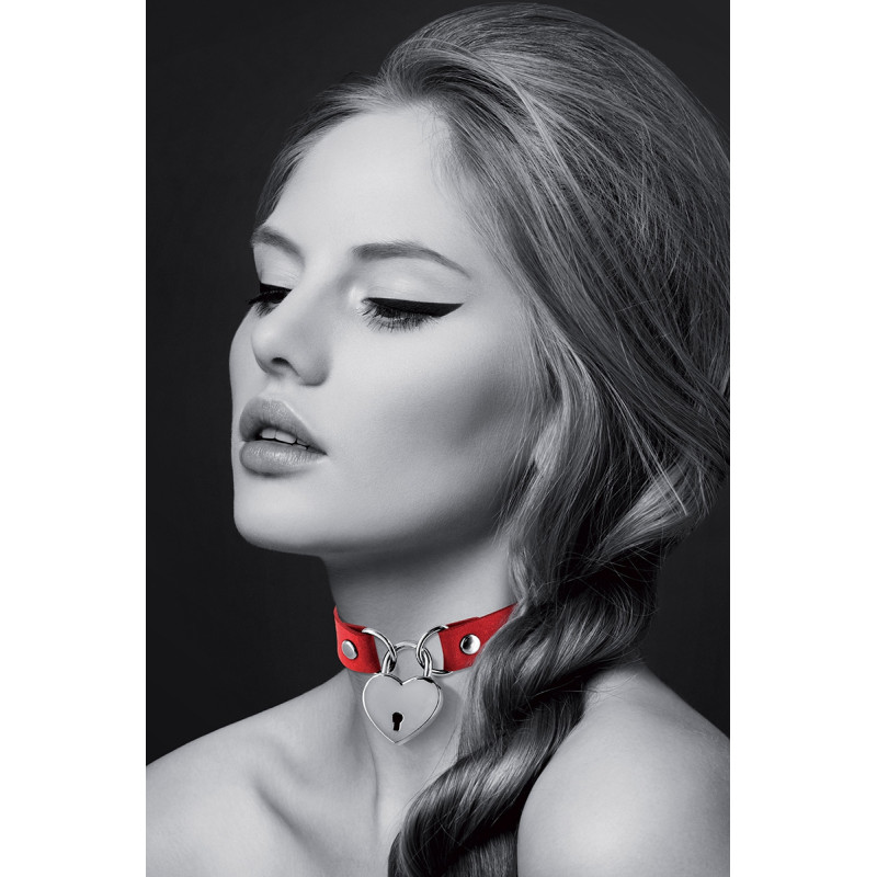 Collier rouge cadenas cœur Bijoux Pour Toi simili cuir brillant accessoire Fetish
