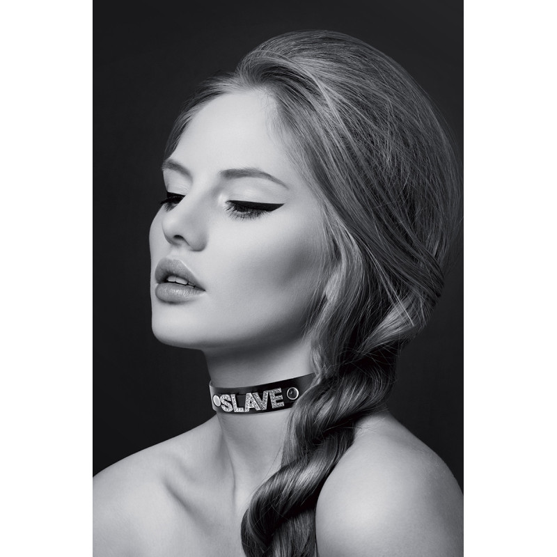 Collier strass SLAVE Bijoux Pour Toi cuir noir inscription brillante SM