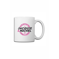Mug blanc Jacquie et Michel logo rond officiel impression sur 2 faces en céramique