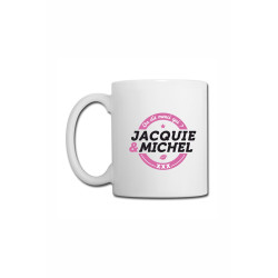 Mug blanc Jacquie et Michel objet culte pour café logo rond, usage quotidien