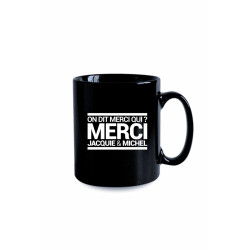 Mug noir Jacquie et Michel logo rectangulaire blanc officiel café thé bureau