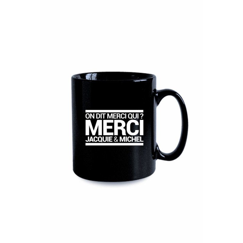 Mug noir Jacquie et Michel logo rectangulaire blanc officiel café thé bureau