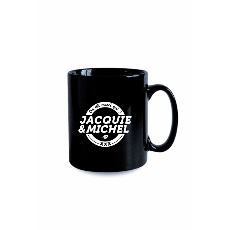 Mug noir Jacquie et Michel logo rond blanc imprimé double face café bureau
