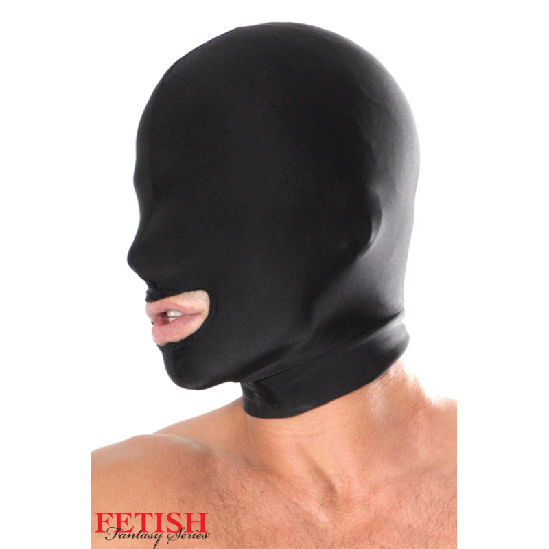 cagoule spandex bdsm avec bouche ouverte pour jeux de soumission