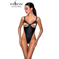 Body ouvert lacé Céline Passion faux cuir noir mat laçage seins et sexe sexy