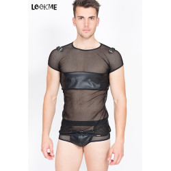 tee-shirt homme sexy en résille transparente avec bande en faux cuir