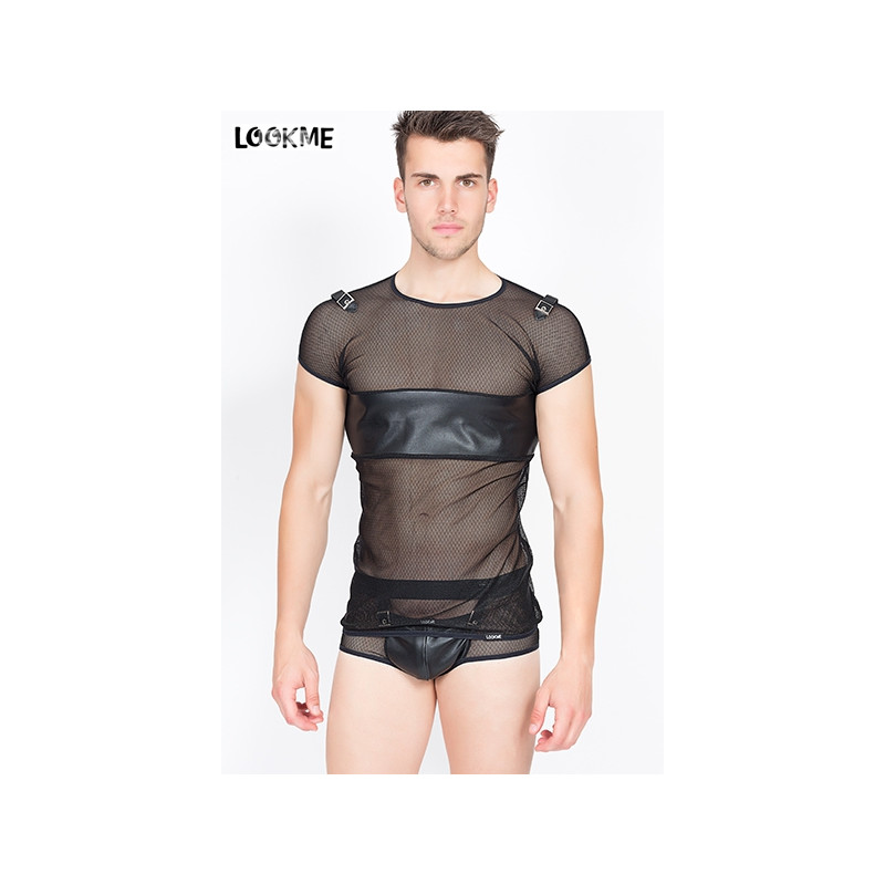 tee-shirt homme sexy en résille transparente avec bande en faux cuir