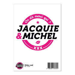 Grand sticker Jacquie et Michel rond blanc autocollant résistant déco