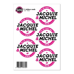 5 stickers Jacquie et Michel adhésifs ronds marque officielle J&M