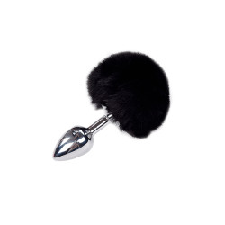 Plug métal Fluffy S noir Alive, petit plug lisse avec pompon en fourrure noire