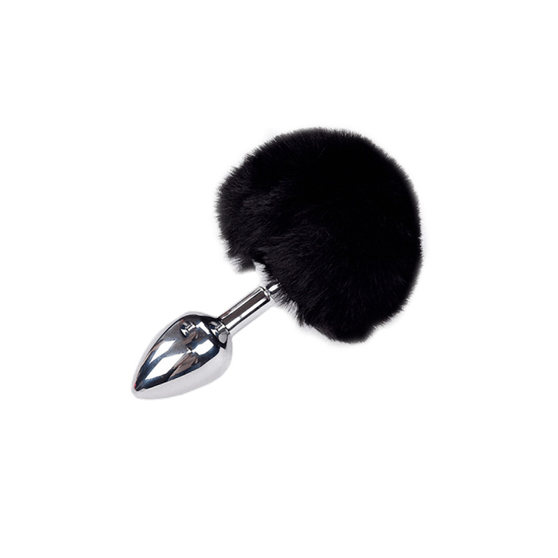 Plug métal Fluffy S noir Alive, petit plug lisse avec pompon en fourrure noire