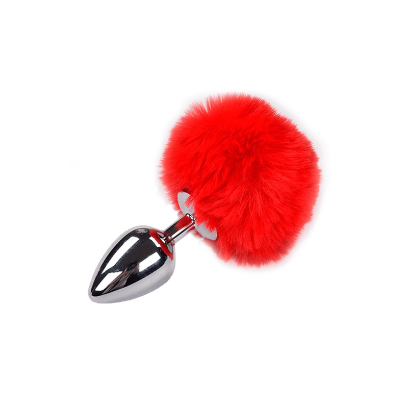 Plug métal Fluffy L rouge Alive, plaisir anal, pompon doux, métal chromé, jeu BDSM
