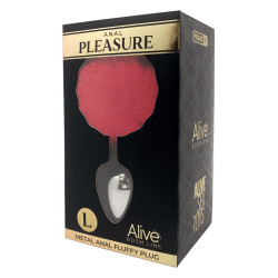 Plug métal Fluffy L rouge Alive, bijou coquin, accessoire jeu BDSM, pompon rouge