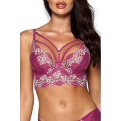 Soutien-gorge bustier fuchsia V9741 Axami, dentelle fine brodée de blanc, harnais élastique ajustable sur poitrine et dos