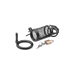 Cage pénis Matrix Black Dreamtoys kit chasteté pochette satin acier inoxydable noir