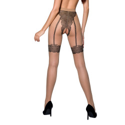 Collants ouverts TI016 voile beige 93% polyamide culotte ouverte bas jarretelles