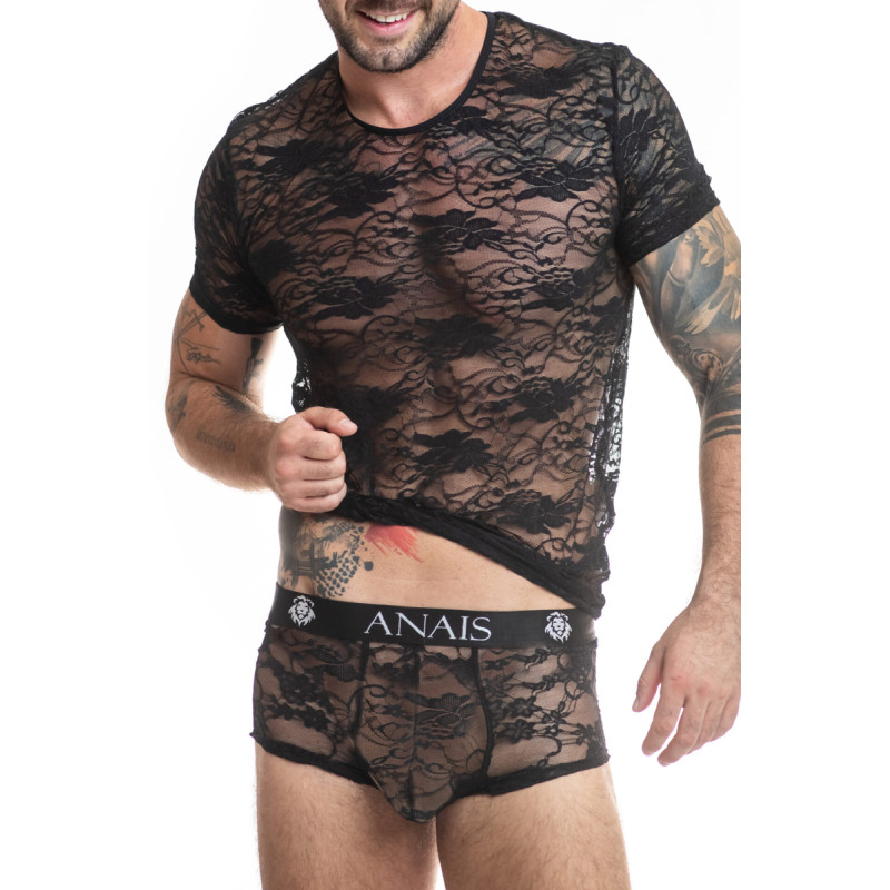 T-shirt sexy Anaïs For Men dentelle noire motif fleuri pour séduction et élégance