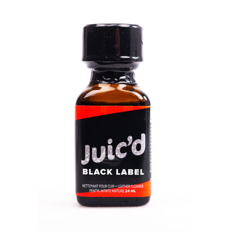 Bouteille de Poppers Juic’D Black Label 24 ml sur fond blanc, vue de face.