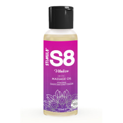 Flacon de 125 ml d’Huile de massage S8 Vitalize avec étiquette colorée indiquant le nom du produit.