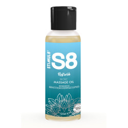 Flacon de 125 ml d’Huile de massage S8 Refresh avec étiquette colorée bleu indiquant le nom du produit.