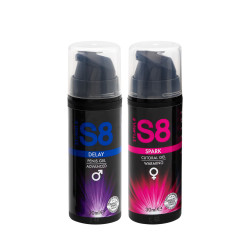 Coffret Premium pour couple contenant un gel stimulant clitoridien et un gel retardant pour le pénis, présenté sur fond blanc.