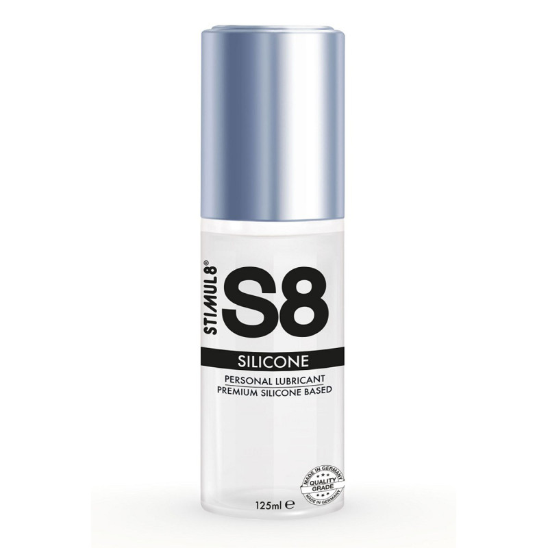 Flacon de 125 ml de Lubrifiant S8 silicone, isolé sur fond neutre, prêt à l’usage pour confort et glisse optimale.
