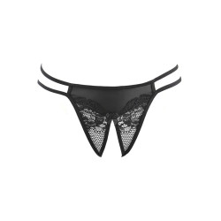 Vue de face du string ouvert noir Axami, combinant dentelle délicate et tissu brillant style wetlook.