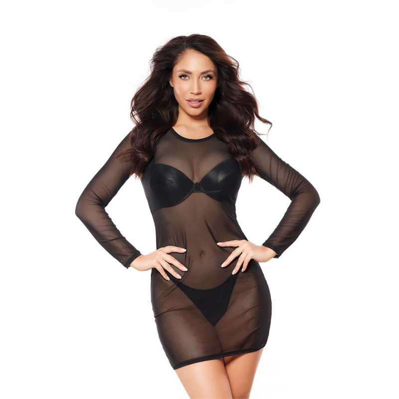 Robe courte en tulle noir transparent Axami Lingerie, présentée sur fond neutre, style élégant et sexy.