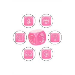 Ensemble de 3 dés sexuels posés sur fond neutre, illustrant parties du corps, actions et lieux possibles.